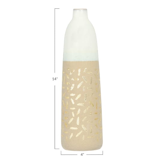 Hello Honey® 14" Cream Stoneware Vase with Gold Pattern